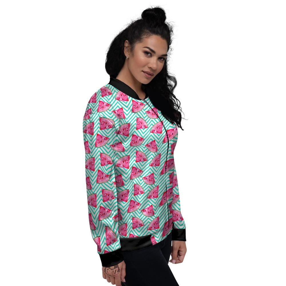 Watermelon Teal Chevron Print Pattern Women's Bomber Jacket-grizzshop