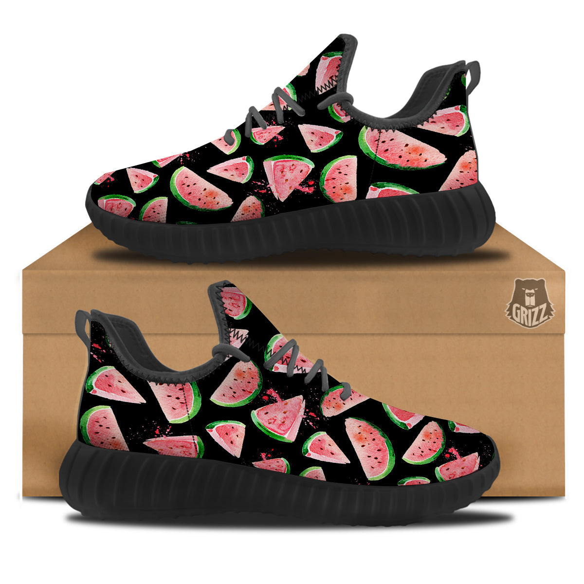 Watermelon Watercolor Print Pattern Black Walking Shoes-grizzshop