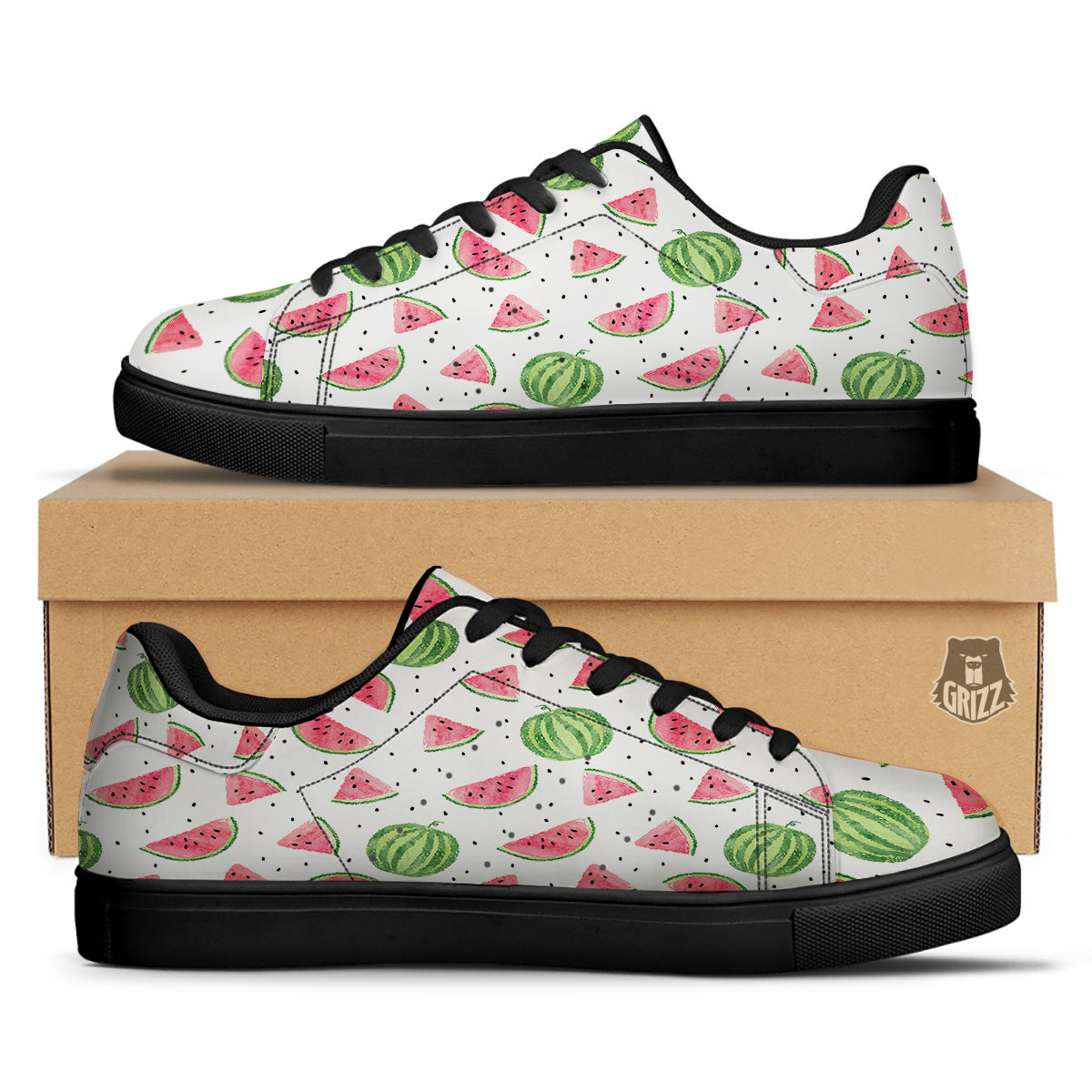 Watermelon White Summer Print Pattern Black Low Top Sneakers-grizzshop