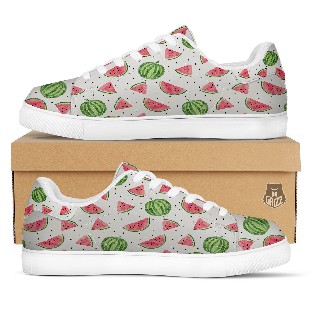 Watermelon White Summer Print Pattern White Low Top Sneakers-grizzshop