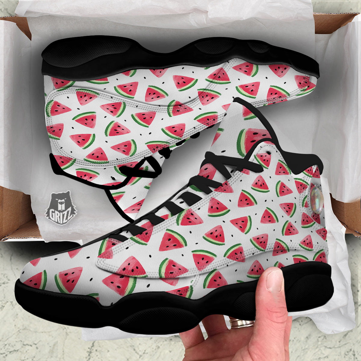 Watermelon White Tropical Print Pattern Black Basketball Shoes-grizzshop