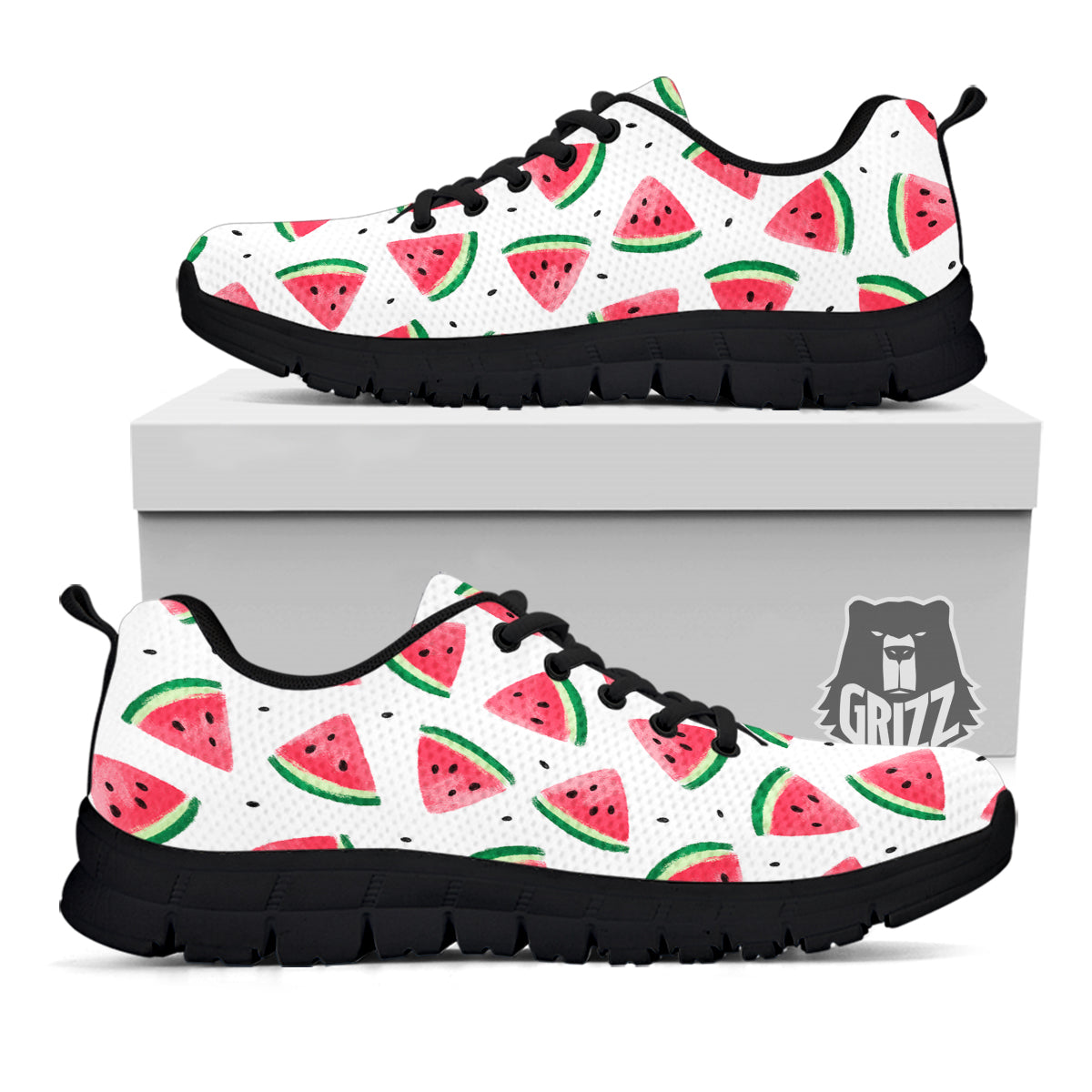 Watermelon White Tropical Print Pattern Black Sneaker-grizzshop