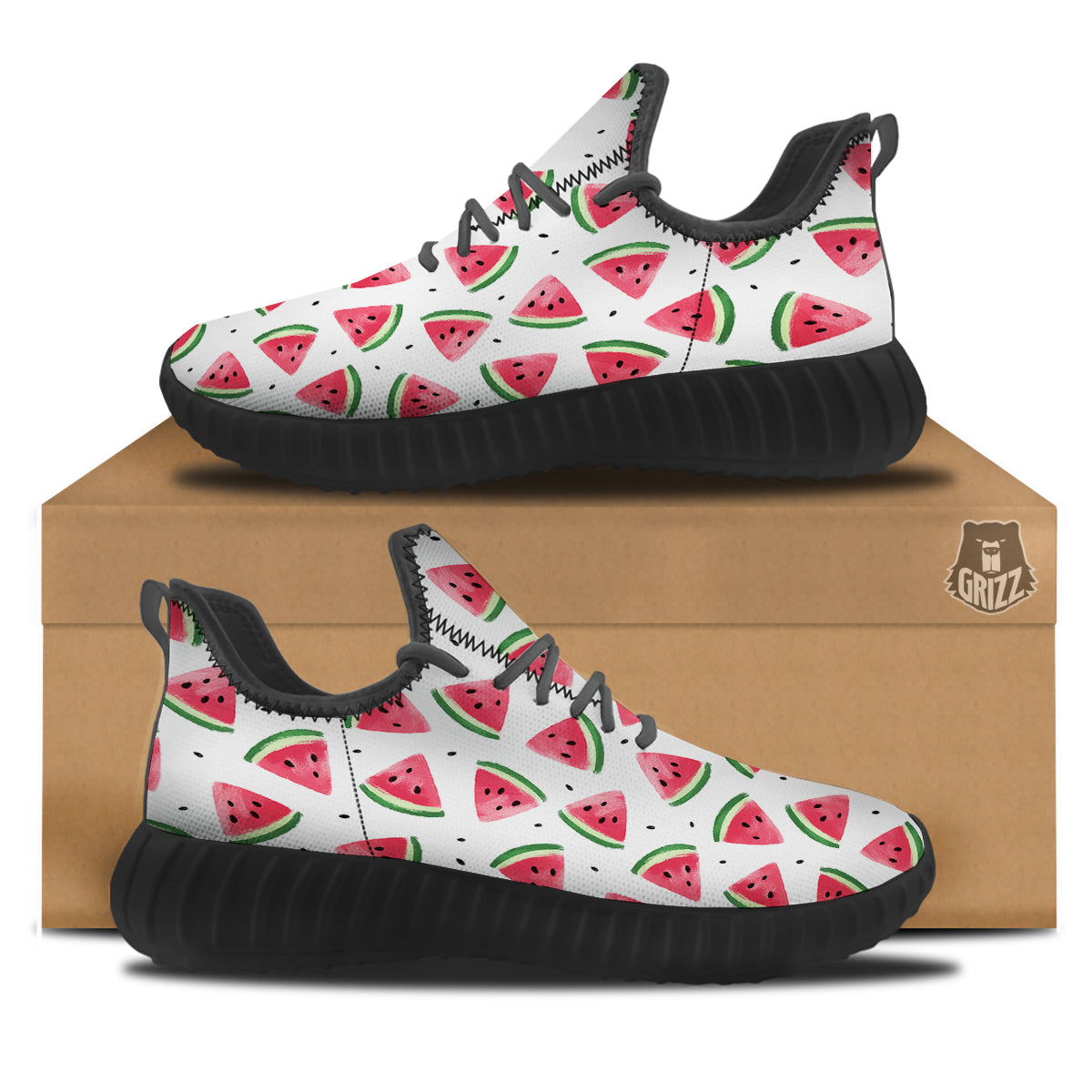 Watermelon White Tropical Print Pattern Black Walking Shoes-grizzshop
