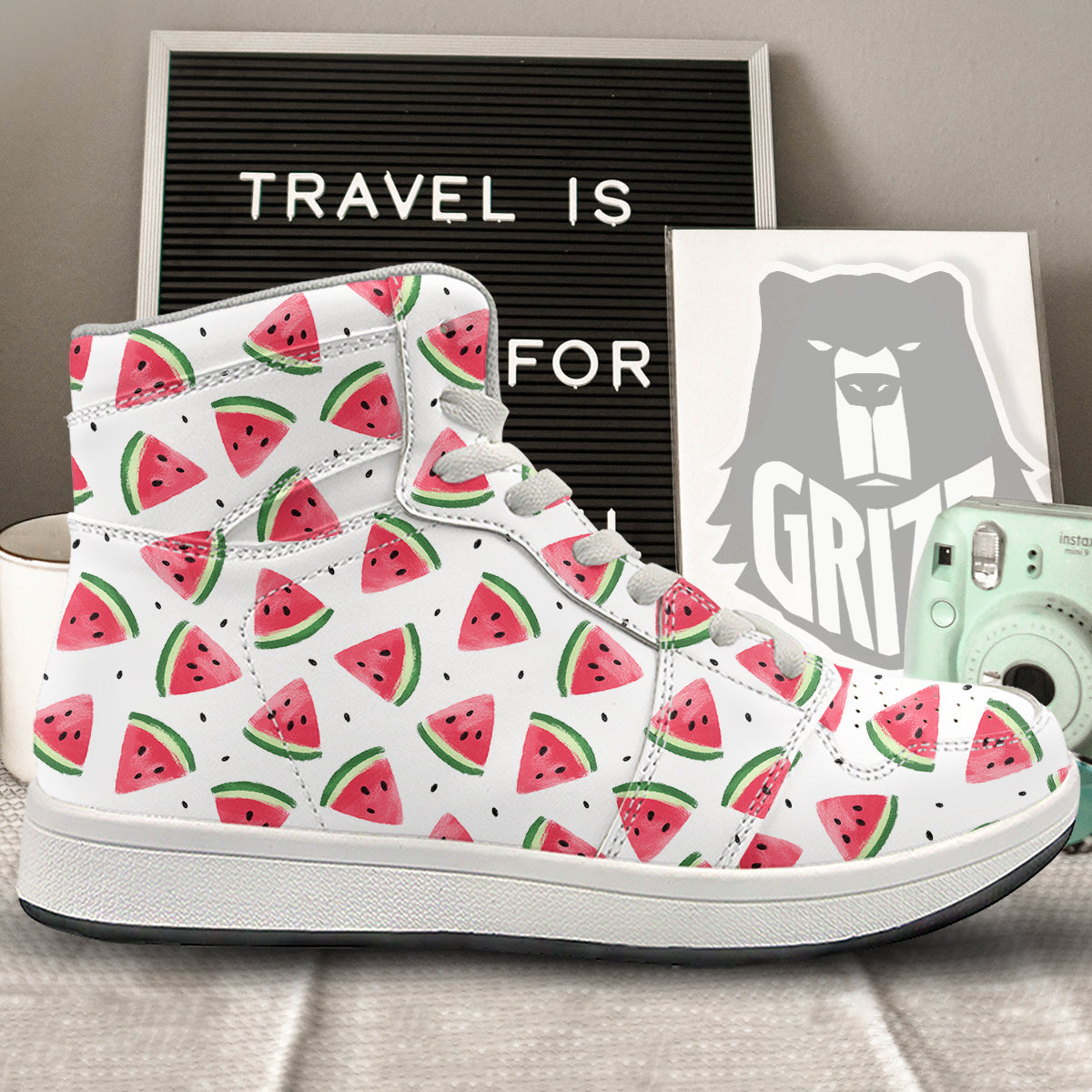Watermelon White Tropical Print Pattern High Top Sneakers-grizzshop