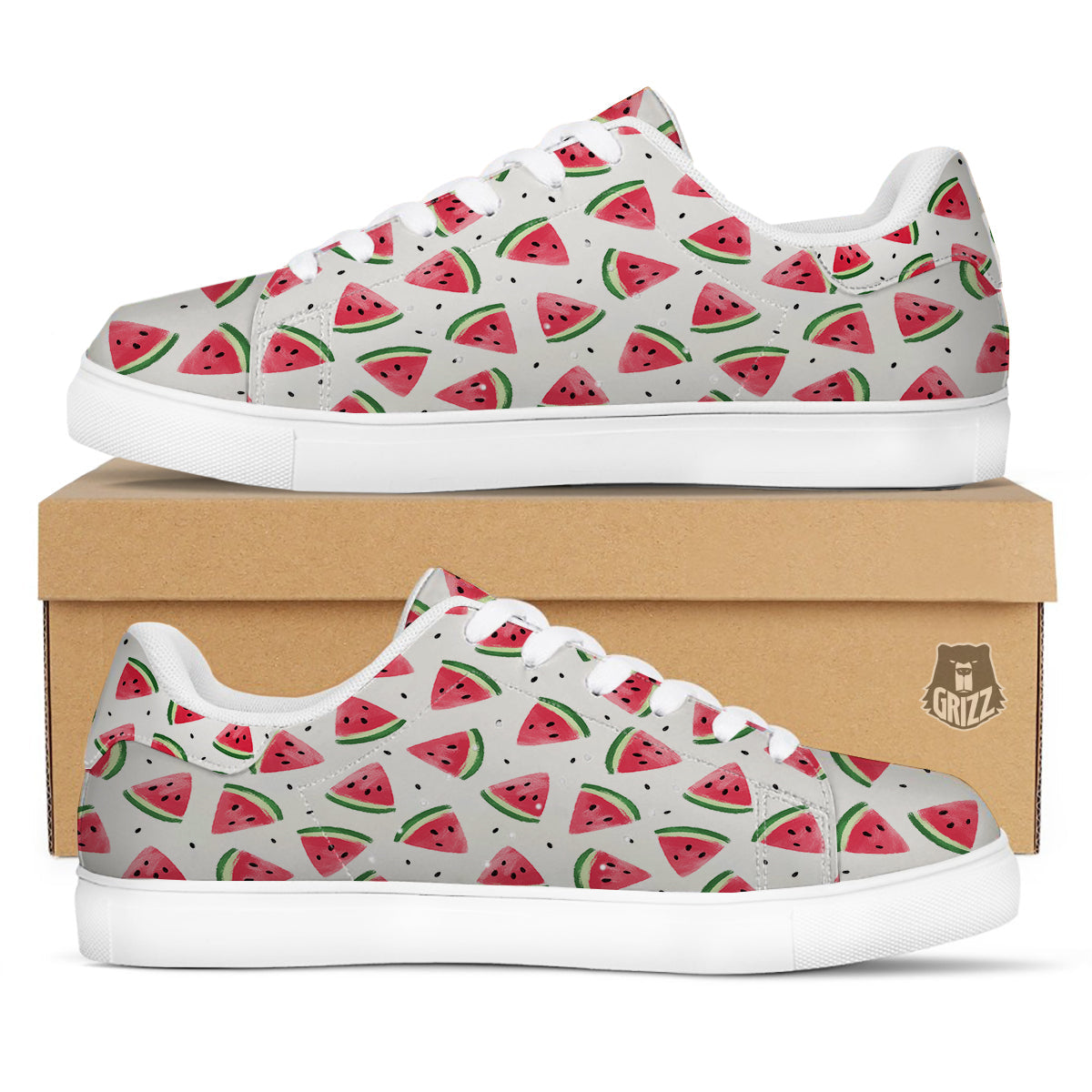 Watermelon White Tropical Print Pattern White Low Top Sneakers-grizzshop