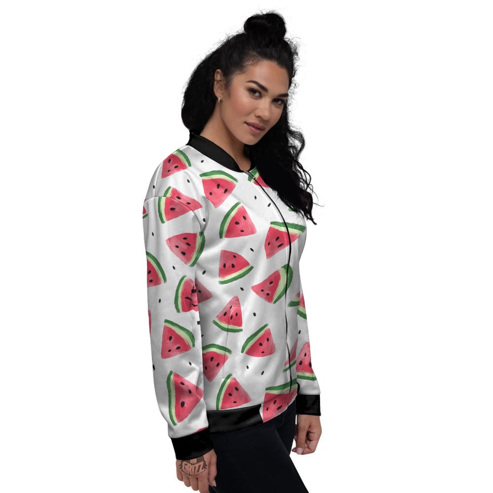 Watermelon White Tropical Print Pattern Women's Bomber Jacket-grizzshop