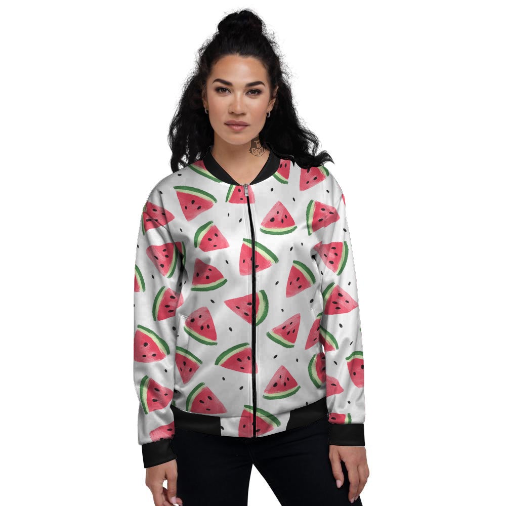 Watermelon White Tropical Print Pattern Women's Bomber Jacket-grizzshop