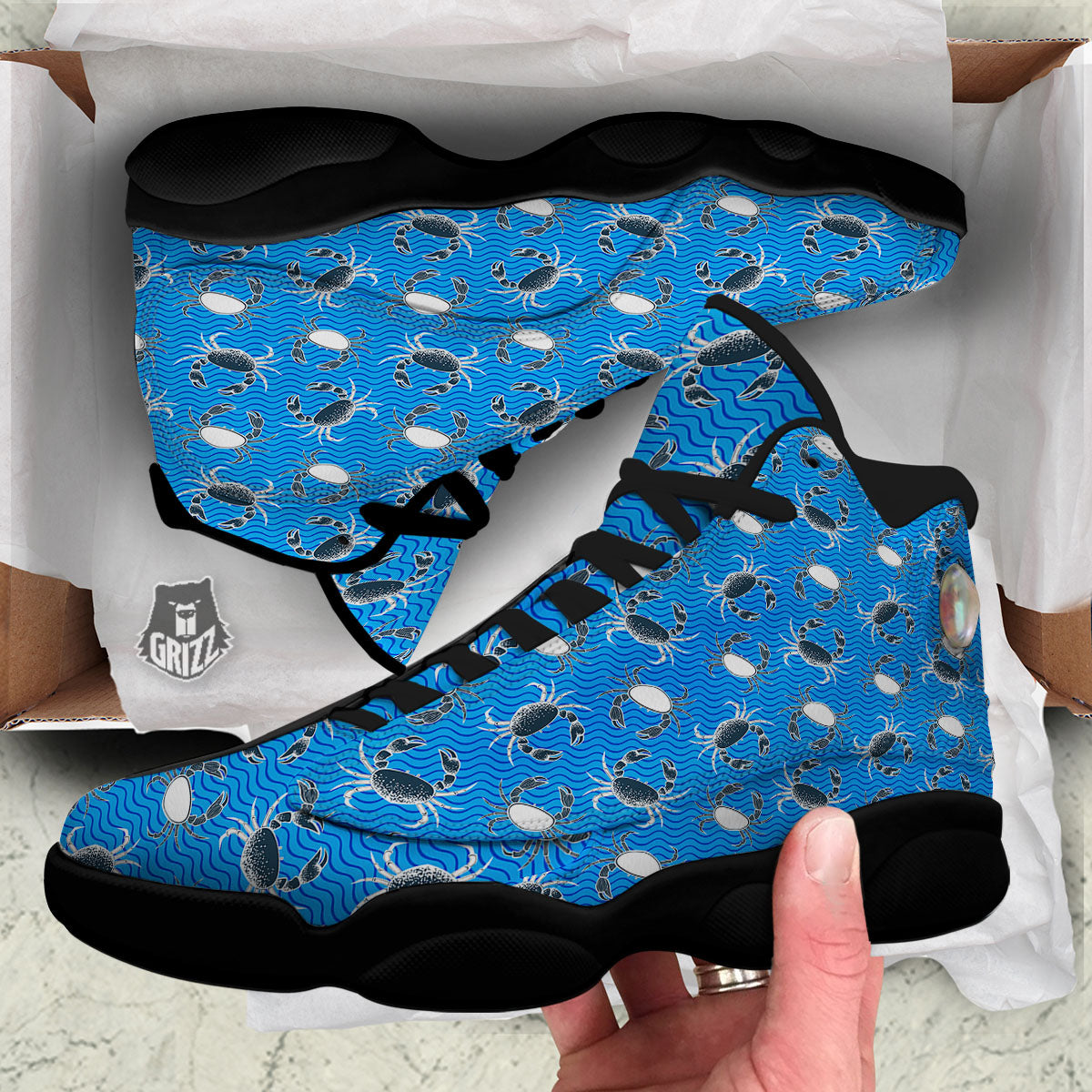 Wave Crab White And Blue Print Pattern Black Basketball Shoes-grizzshop