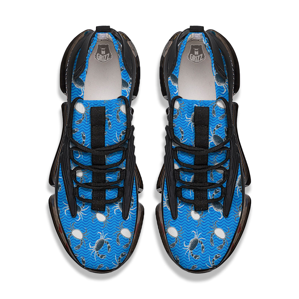 Wave Crab White And Blue Print Pattern Black Gym Shoes-grizzshop