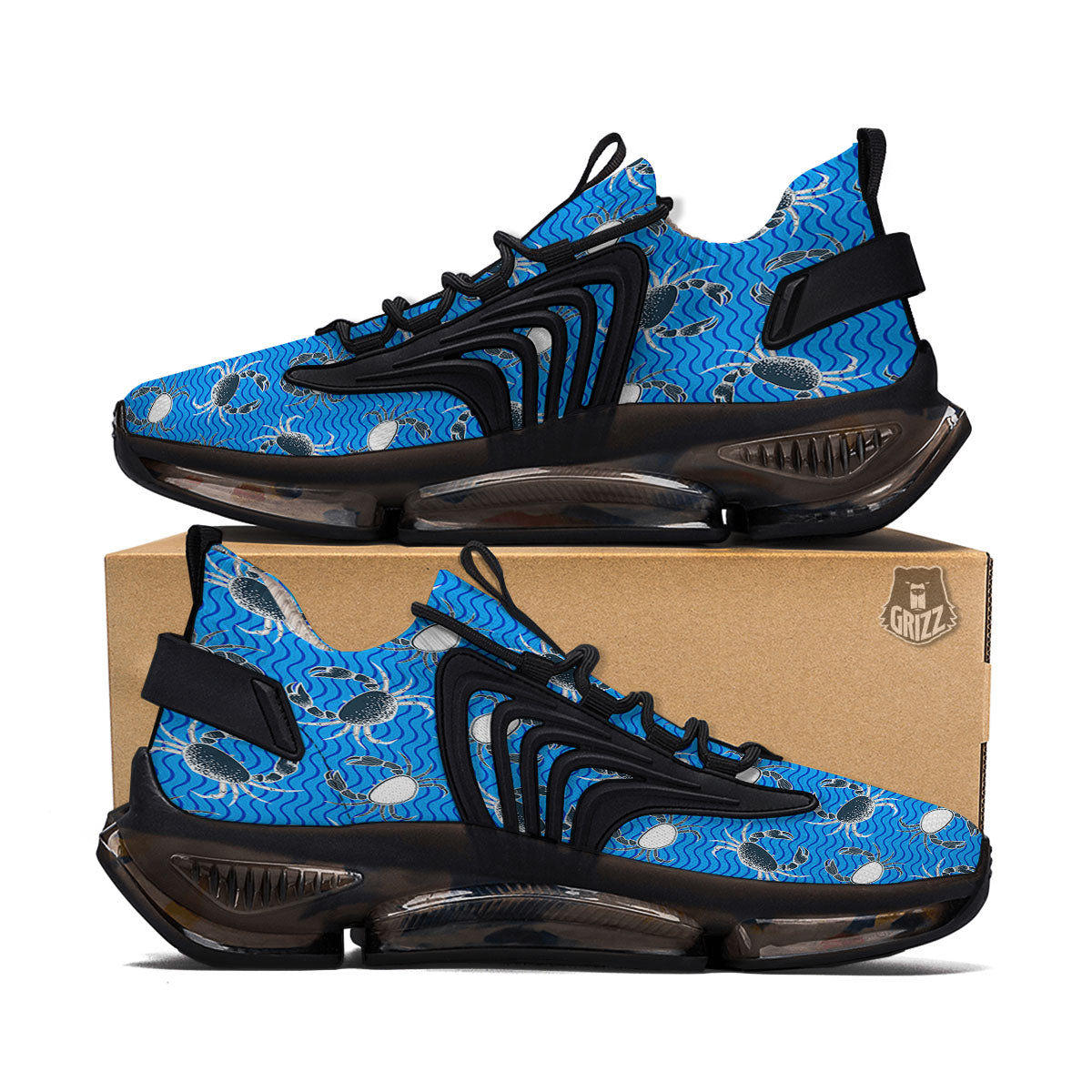 Wave Crab White And Blue Print Pattern Black Gym Shoes-grizzshop