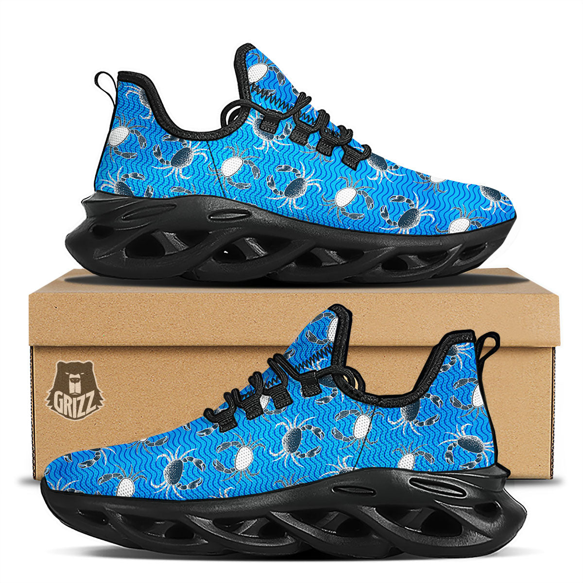 Wave Crab White And Blue Print Pattern Black Running Shoes-grizzshop