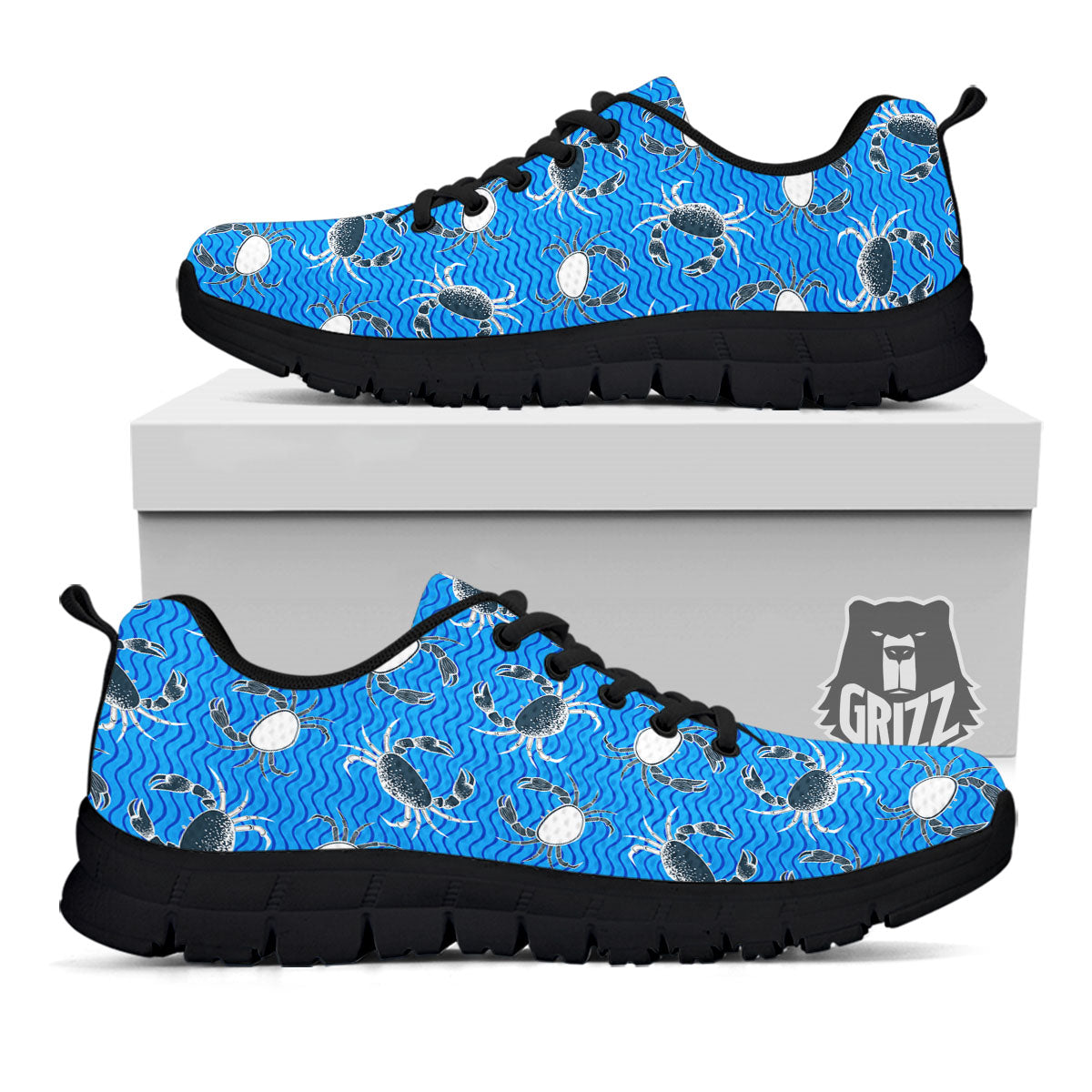 Wave Crab White And Blue Print Pattern Black Sneaker-grizzshop