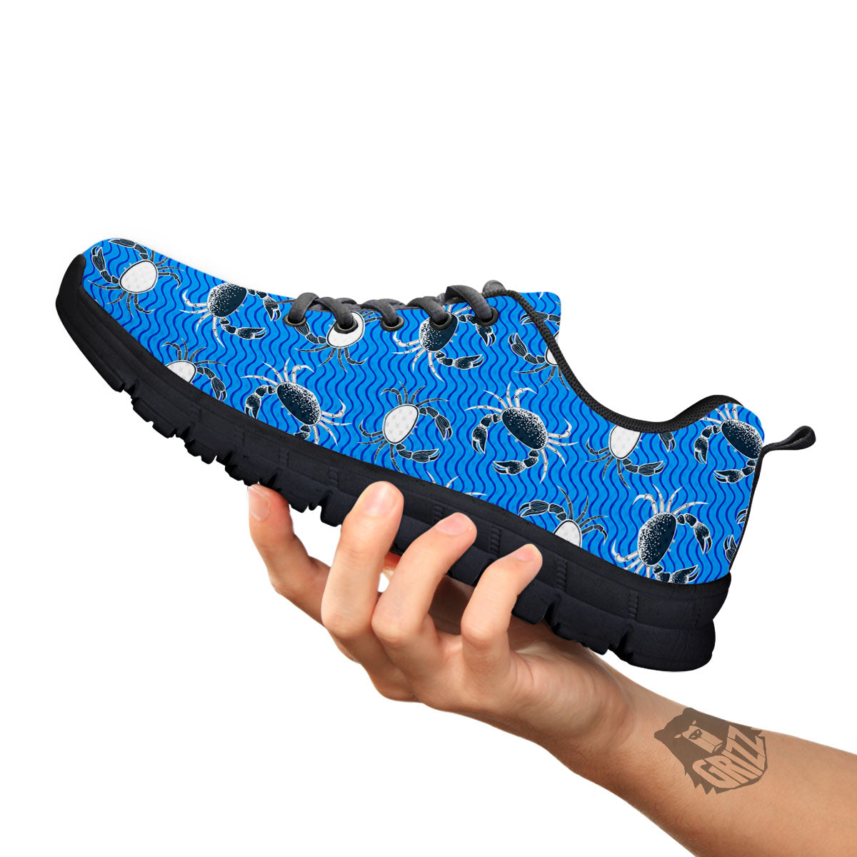 Wave Crab White And Blue Print Pattern Black Sneaker-grizzshop