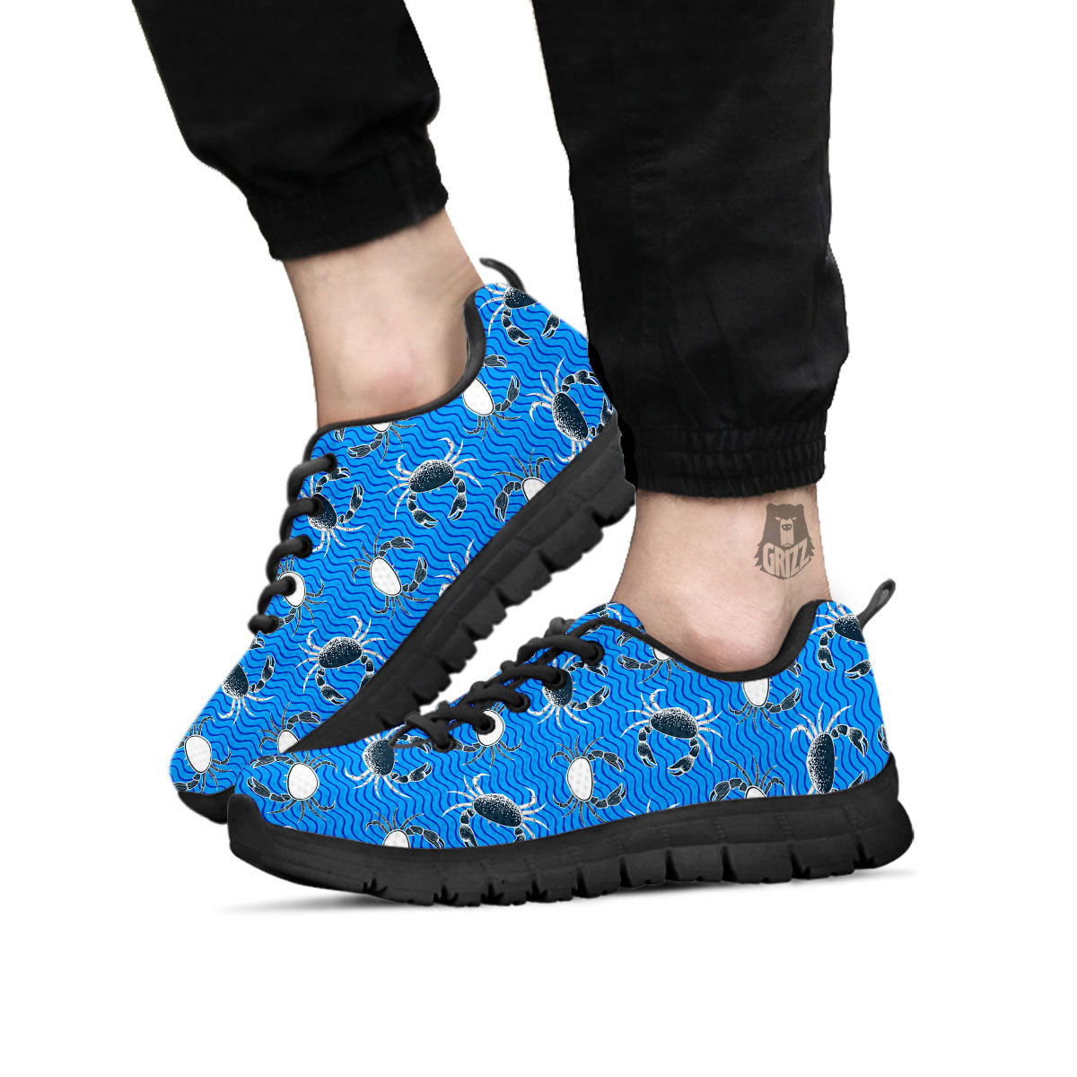 Wave Crab White And Blue Print Pattern Black Sneaker-grizzshop