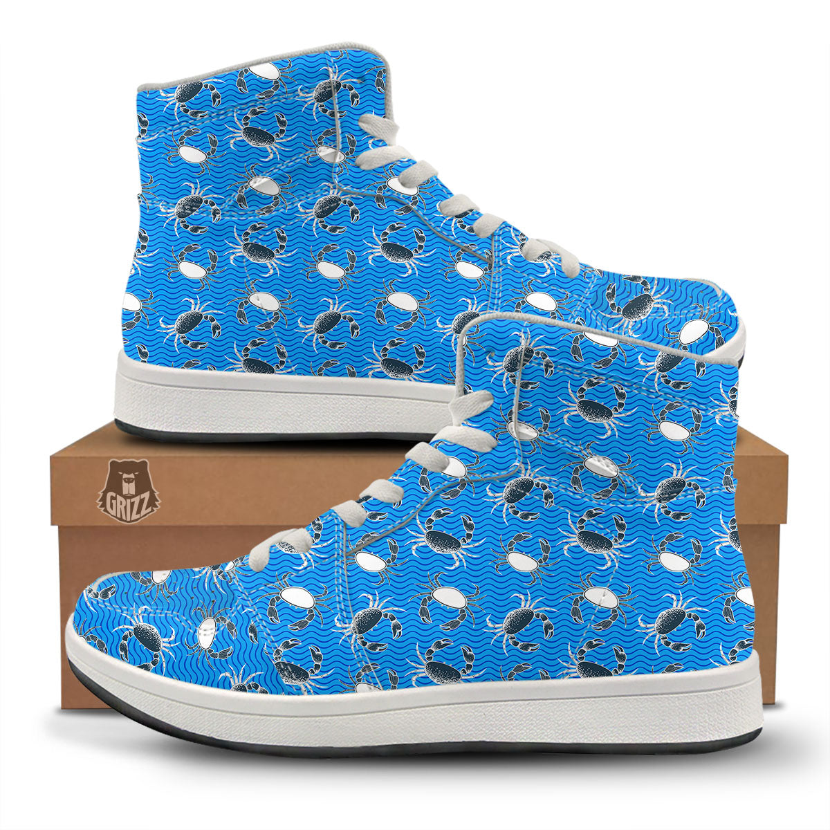 Wave Crab White And Blue Print Pattern High Top Sneakers-grizzshop