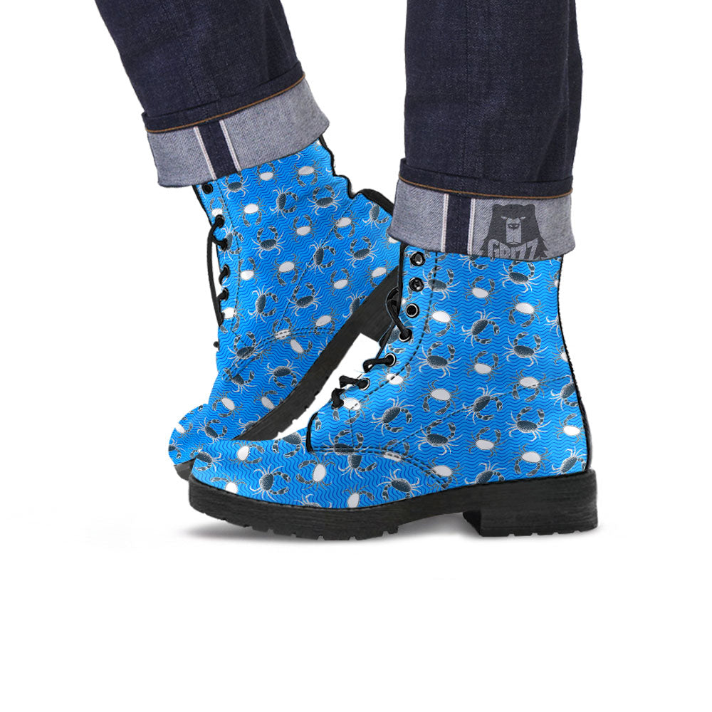 Wave Crab White And Blue Print Pattern Leather Boots-grizzshop