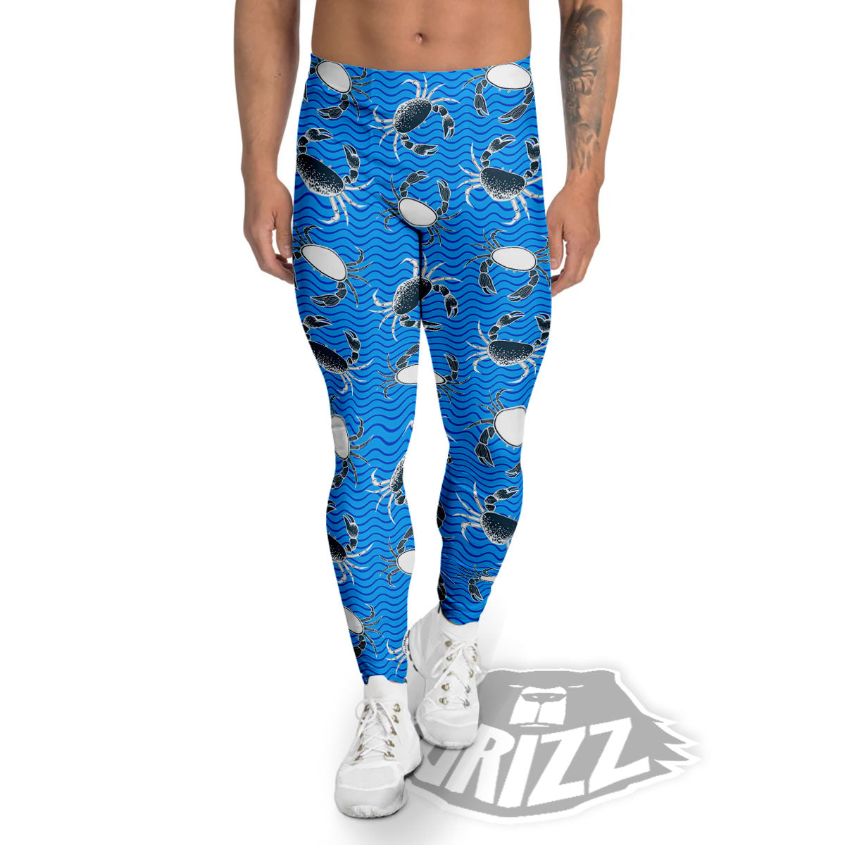 Wave Crab White And Blue Print Pattern Men's Leggings-grizzshop