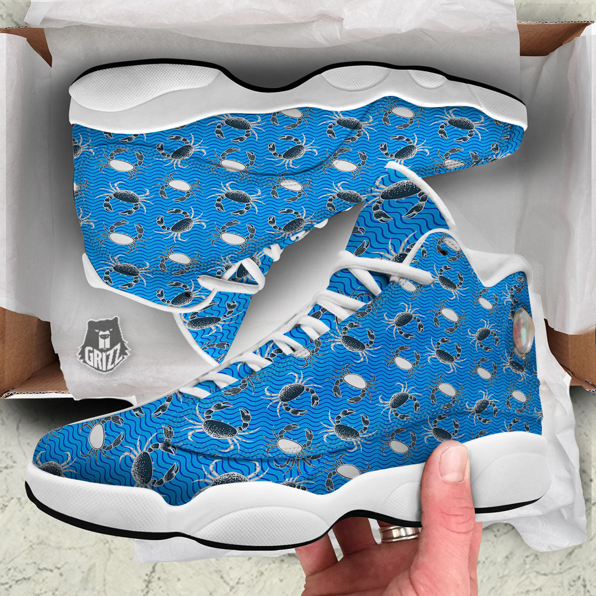 Wave Crab White And Blue Print Pattern White Basketball Shoes-grizzshop
