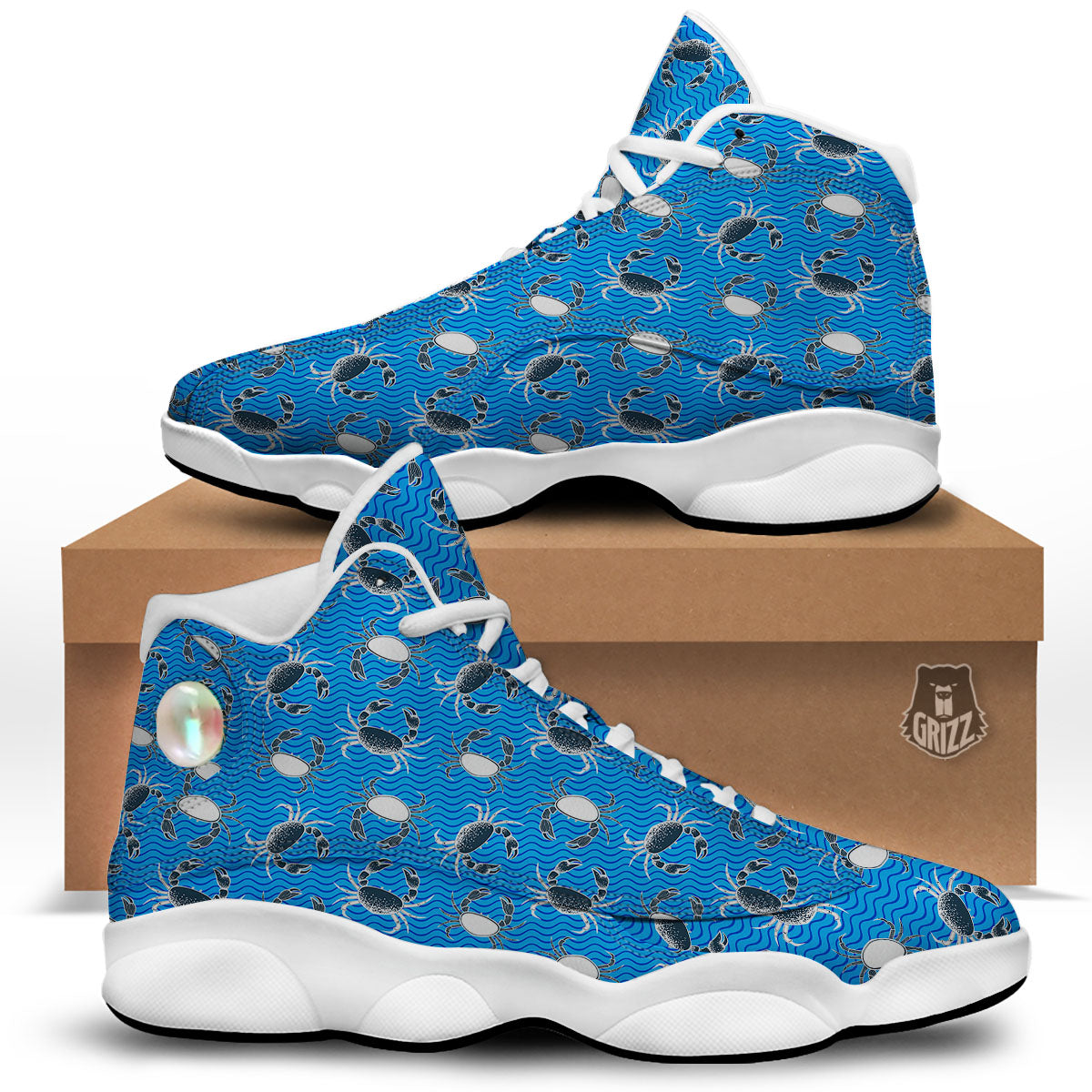 Wave Crab White And Blue Print Pattern White Basketball Shoes-grizzshop