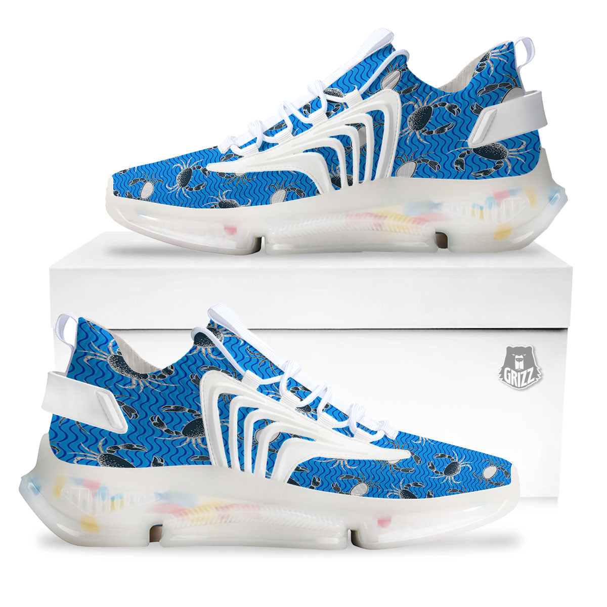 Wave Crab White And Blue Print Pattern White Gym Shoes-grizzshop