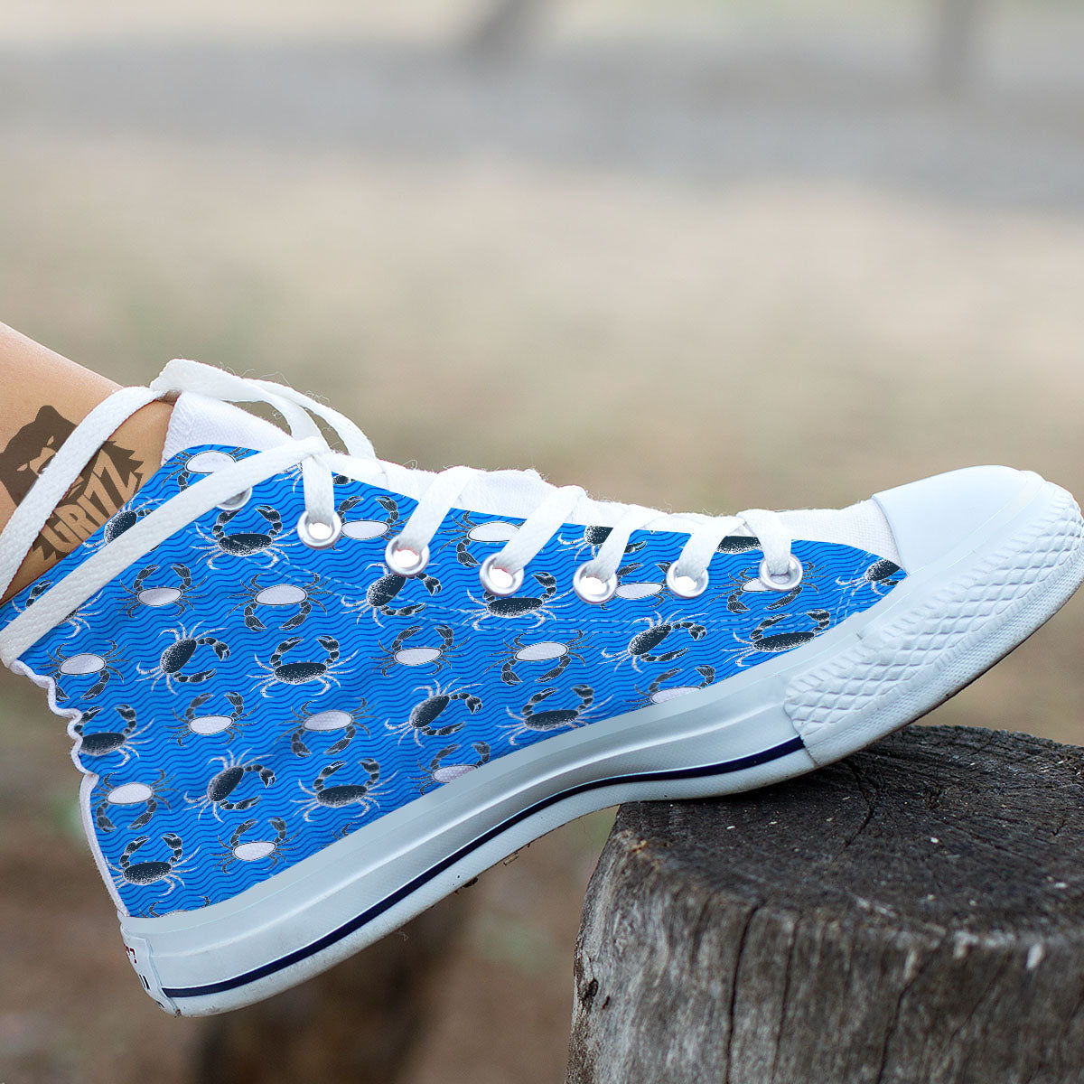 Wave Crab White And Blue Print Pattern White High Top Shoes-grizzshop