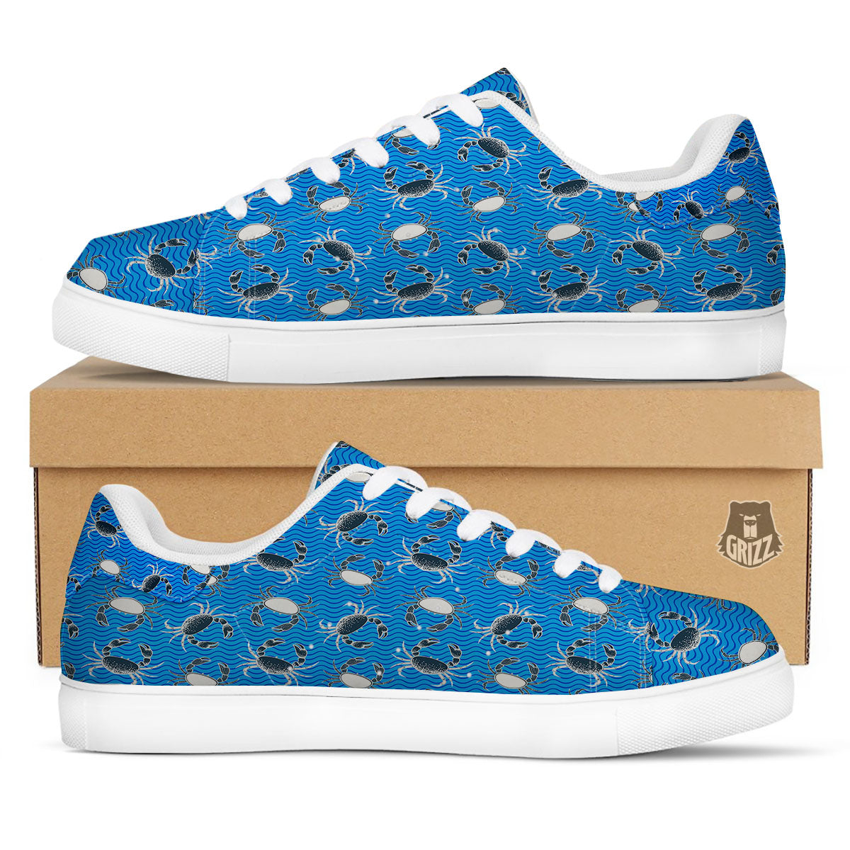 Wave Crab White And Blue Print Pattern White Low Top Sneakers-grizzshop