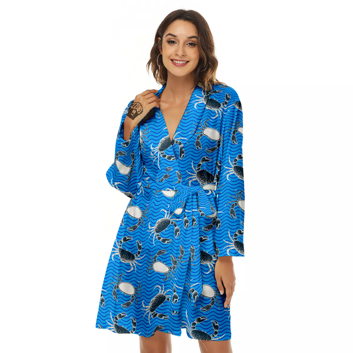 Wave Crab White And Blue Print Pattern Women's Robe-grizzshop