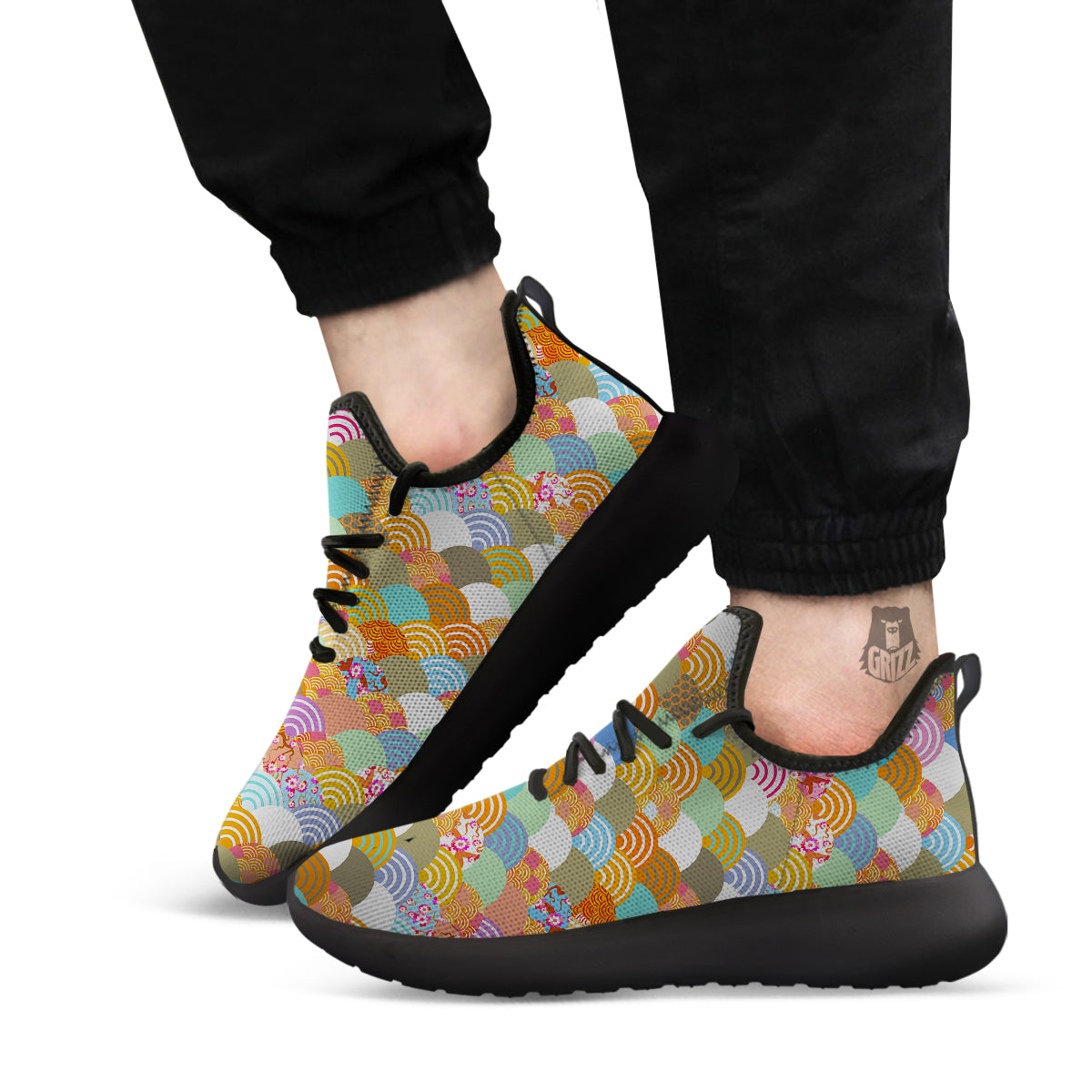Wave Japanese Flower Colorful Print Pattern Black Athletic Shoes-grizzshop