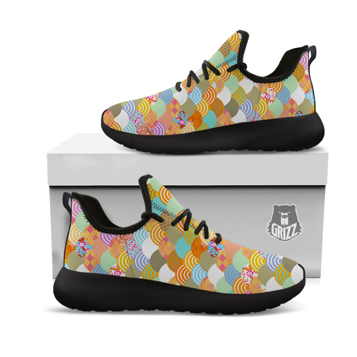 Wave Japanese Flower Colorful Print Pattern Black Athletic Shoes-grizzshop