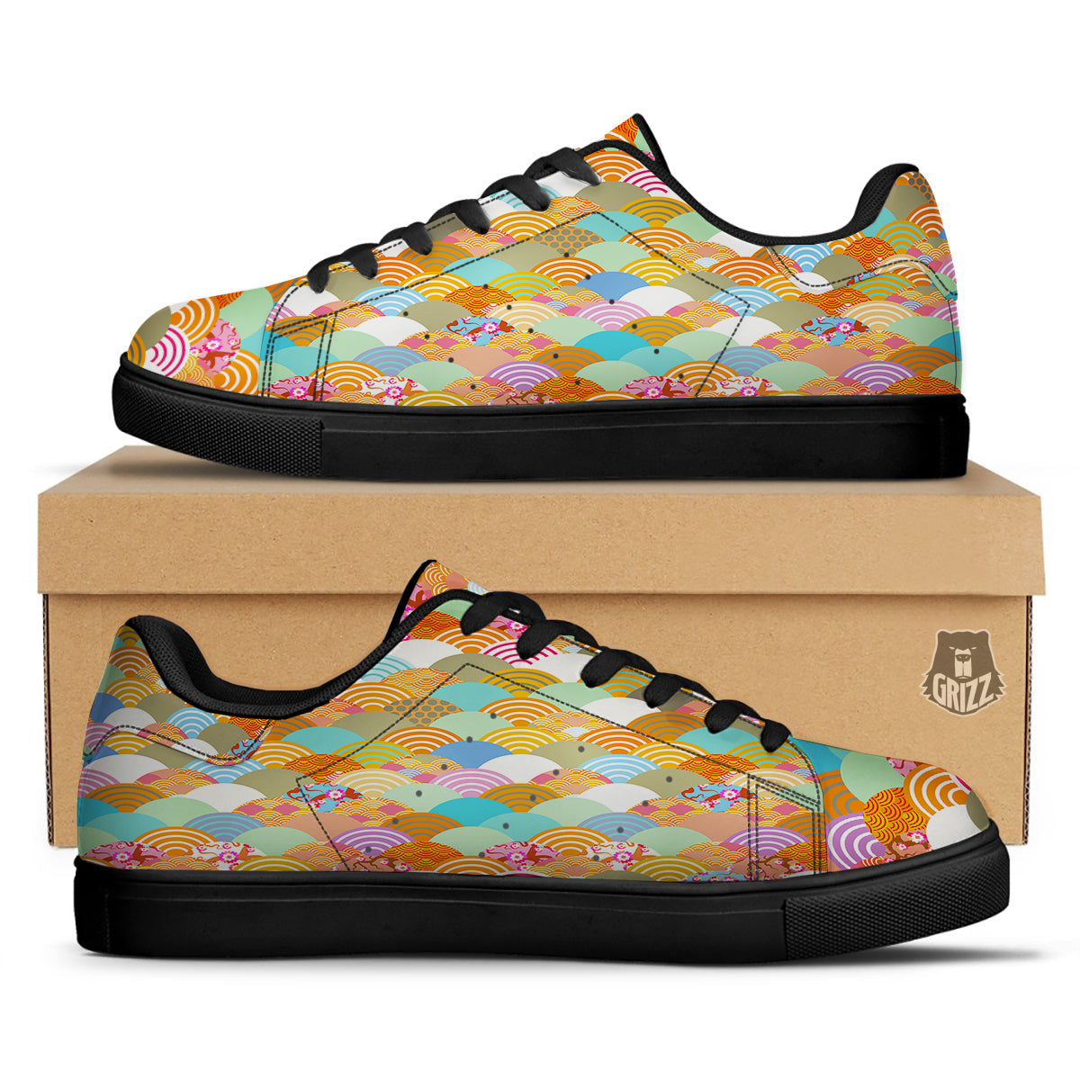 Wave Japanese Flower Colorful Print Pattern Black Low Top Sneakers-grizzshop