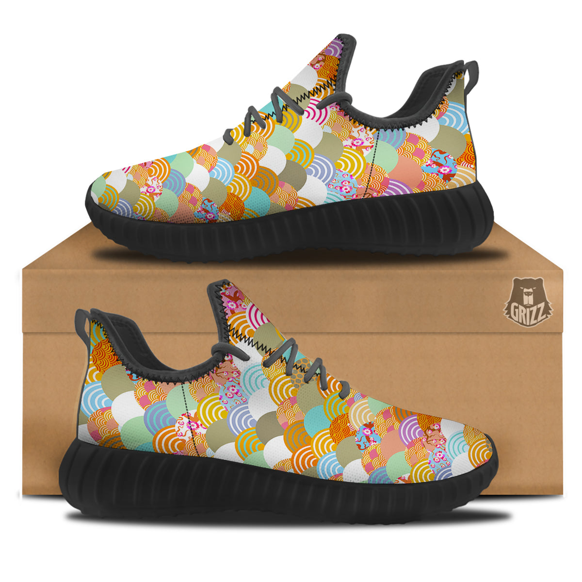 Wave Japanese Flower Colorful Print Pattern Black Walking Shoes-grizzshop