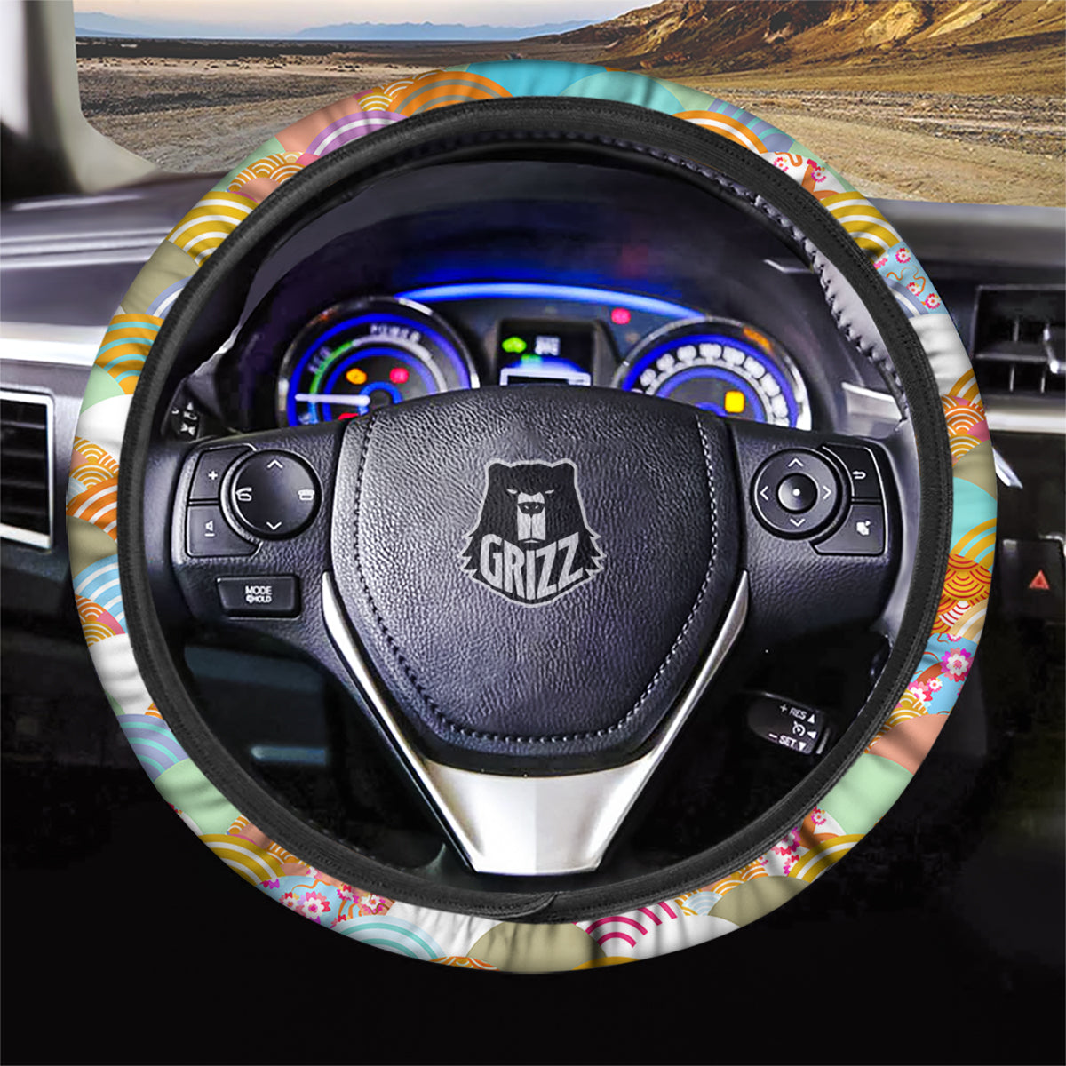 Wave Japanese Flower Colorful Print Pattern Car Steering Wheel Cover-grizzshop