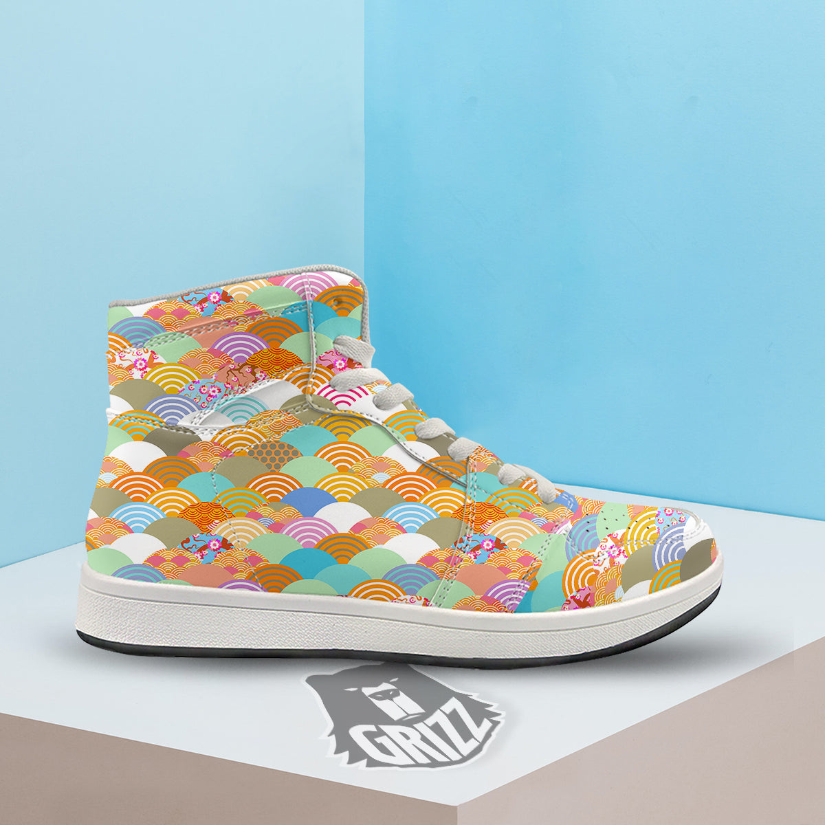 Wave Japanese Flower Colorful Print Pattern High Top Sneakers-grizzshop