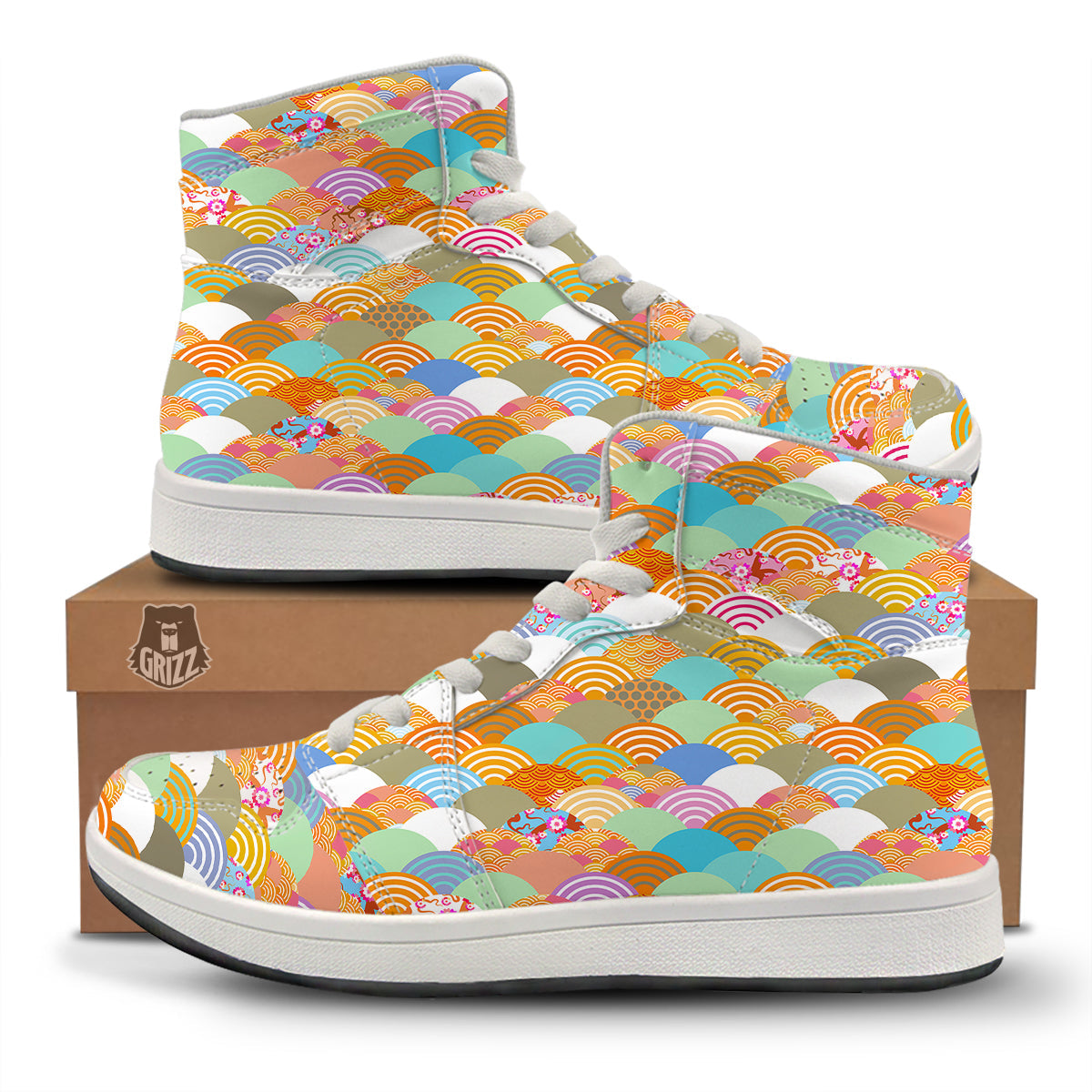 Wave Japanese Flower Colorful Print Pattern High Top Sneakers-grizzshop