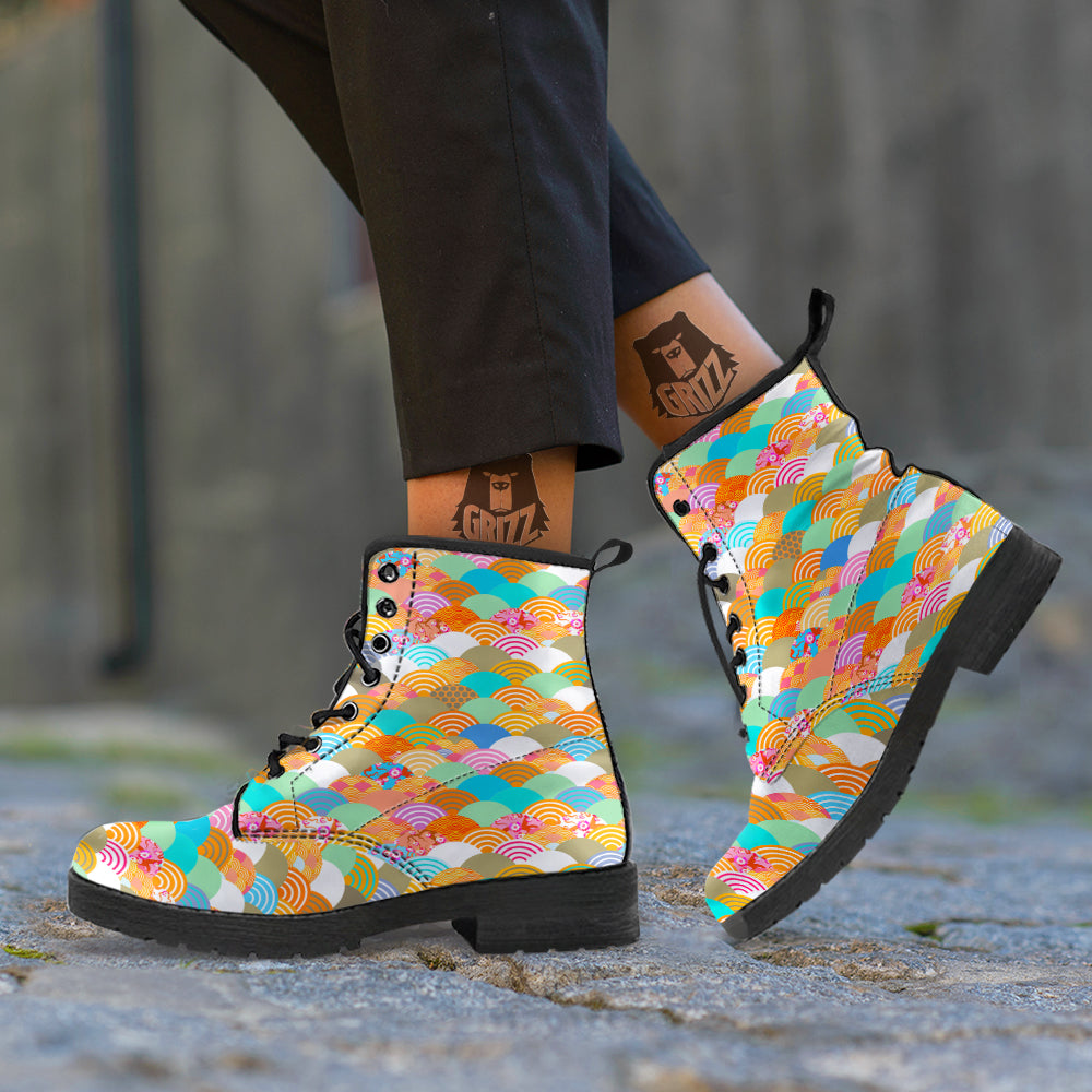 Wave Japanese Flower Colorful Print Pattern Leather Boots-grizzshop