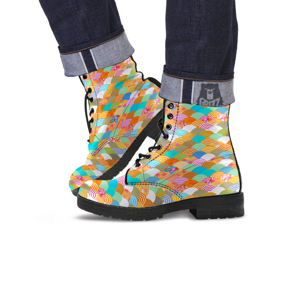 Wave Japanese Flower Colorful Print Pattern Leather Boots-grizzshop