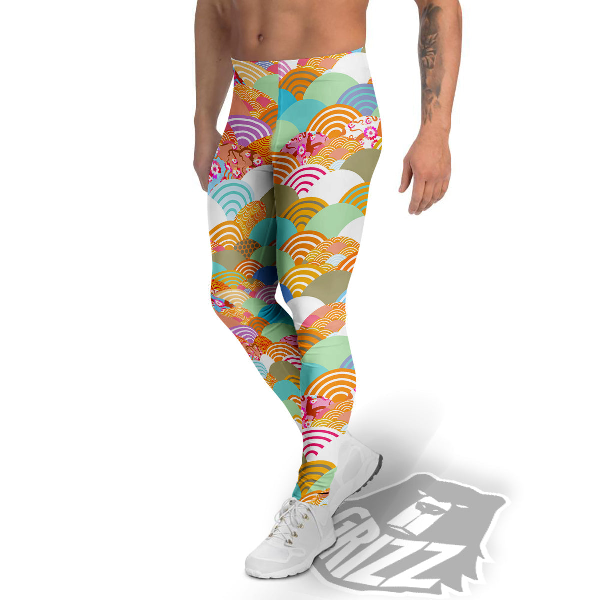 Wave Japanese Flower Colorful Print Pattern Men's Leggings-grizzshop