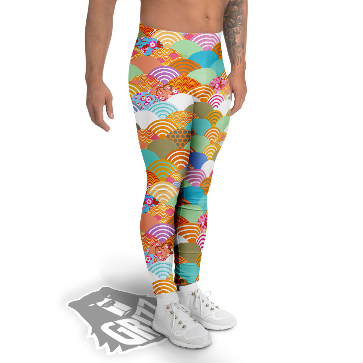 Wave Japanese Flower Colorful Print Pattern Men's Leggings-grizzshop