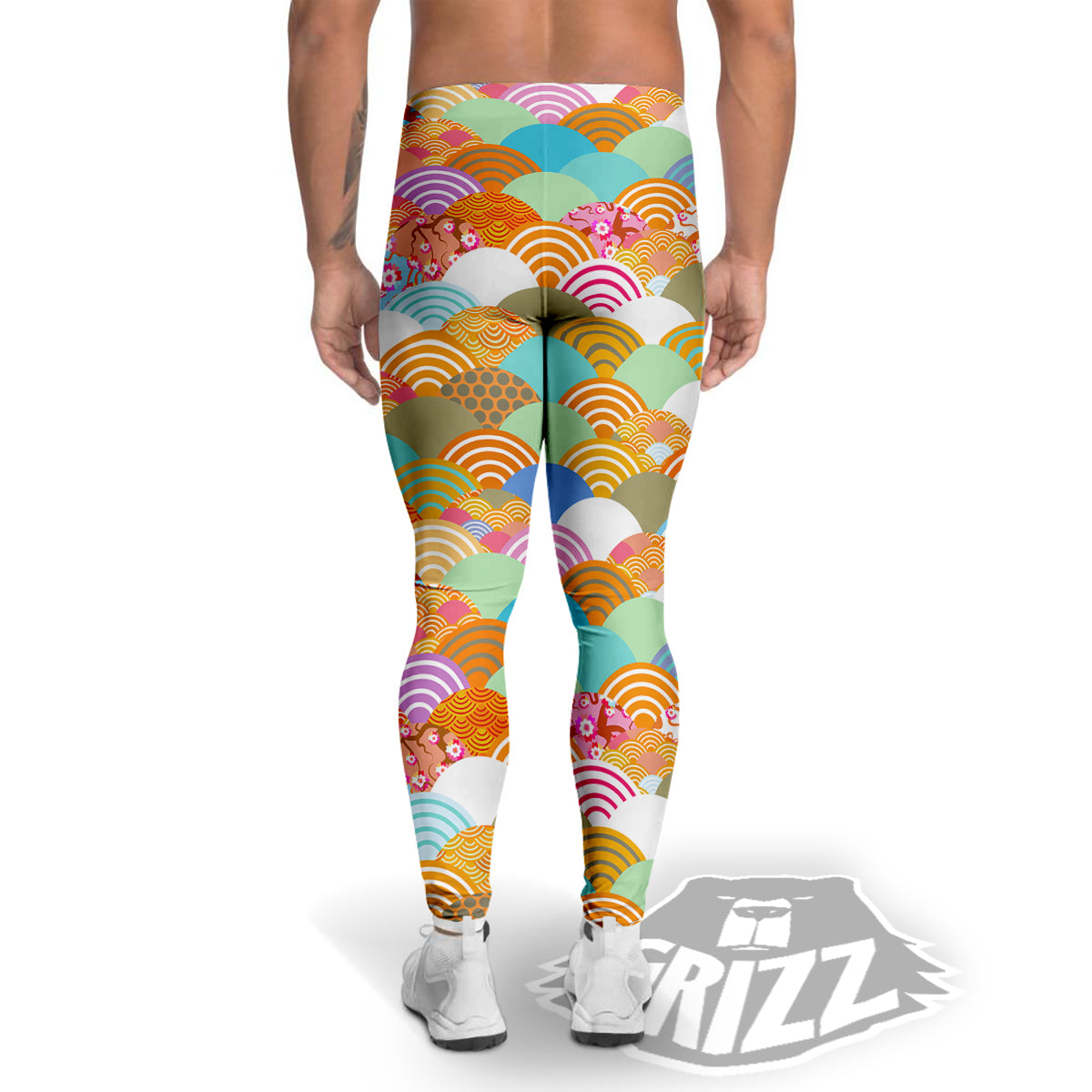 Wave Japanese Flower Colorful Print Pattern Men's Leggings-grizzshop