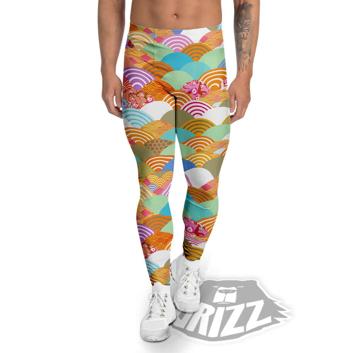 Wave Japanese Flower Colorful Print Pattern Men's Leggings-grizzshop