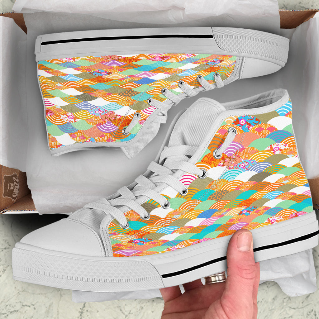 Wave Japanese Flower Colorful Print Pattern White High Top Shoes-grizzshop