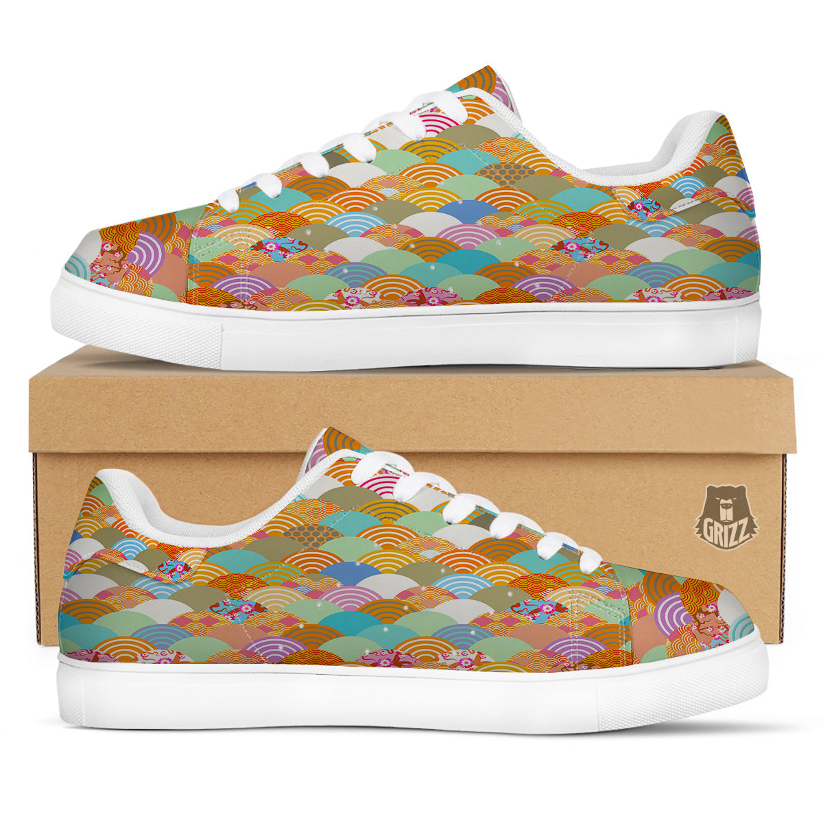 Wave Japanese Flower Colorful Print Pattern White Low Top Sneakers-grizzshop