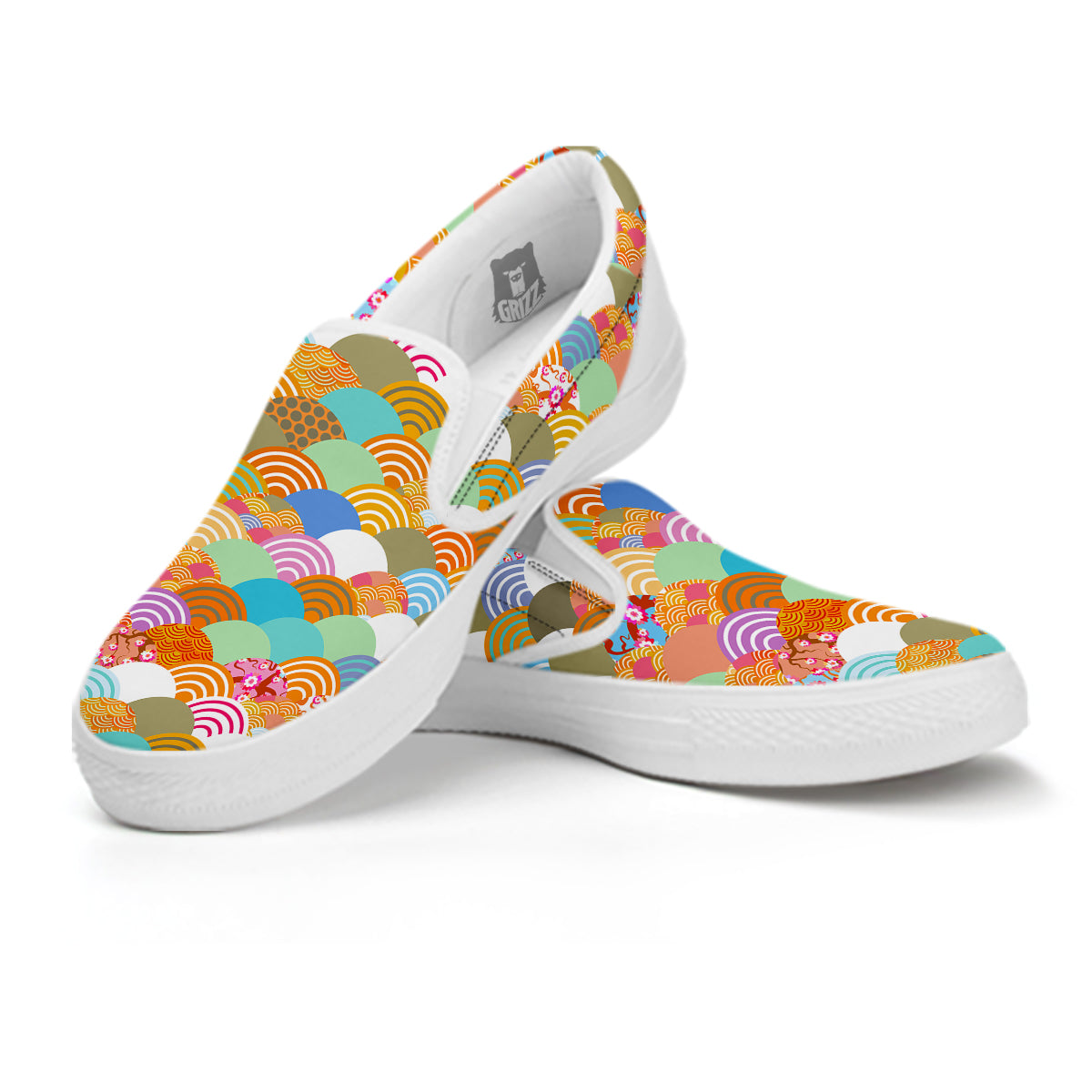 Wave Japanese Flower Colorful Print Pattern White Slip On Shoes-grizzshop