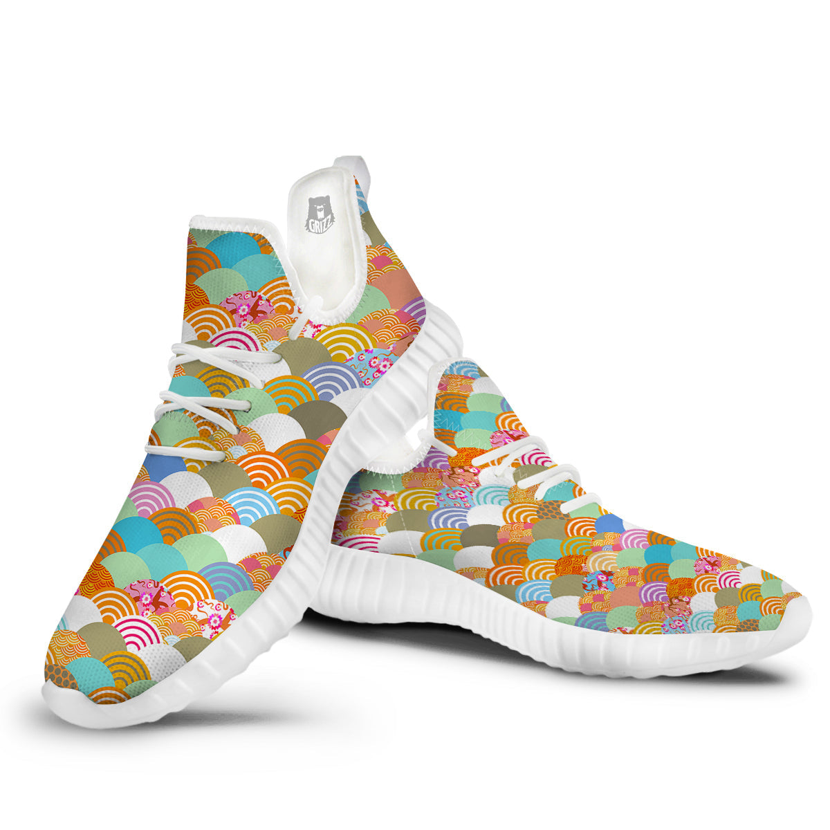 Wave Japanese Flower Colorful Print Pattern White Walking Shoes-grizzshop