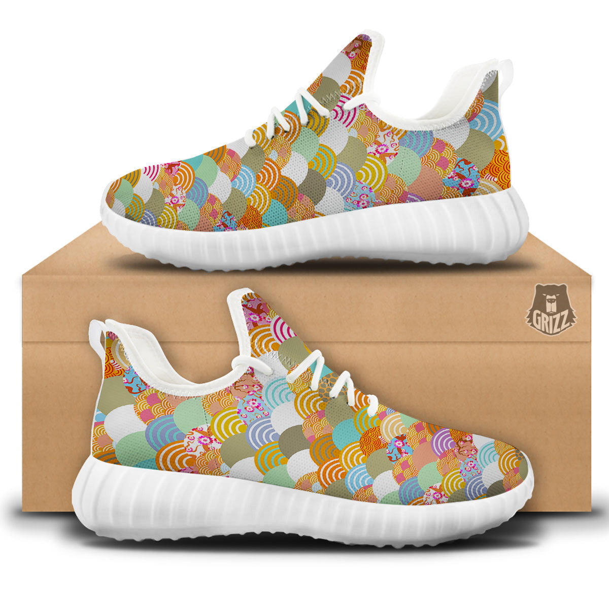 Wave Japanese Flower Colorful Print Pattern White Walking Shoes-grizzshop