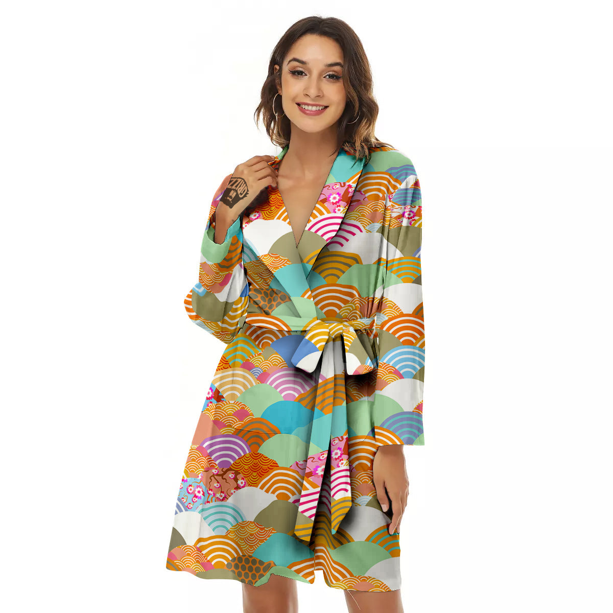 Wave Japanese Flower Colorful Print Pattern Women's Robe-grizzshop