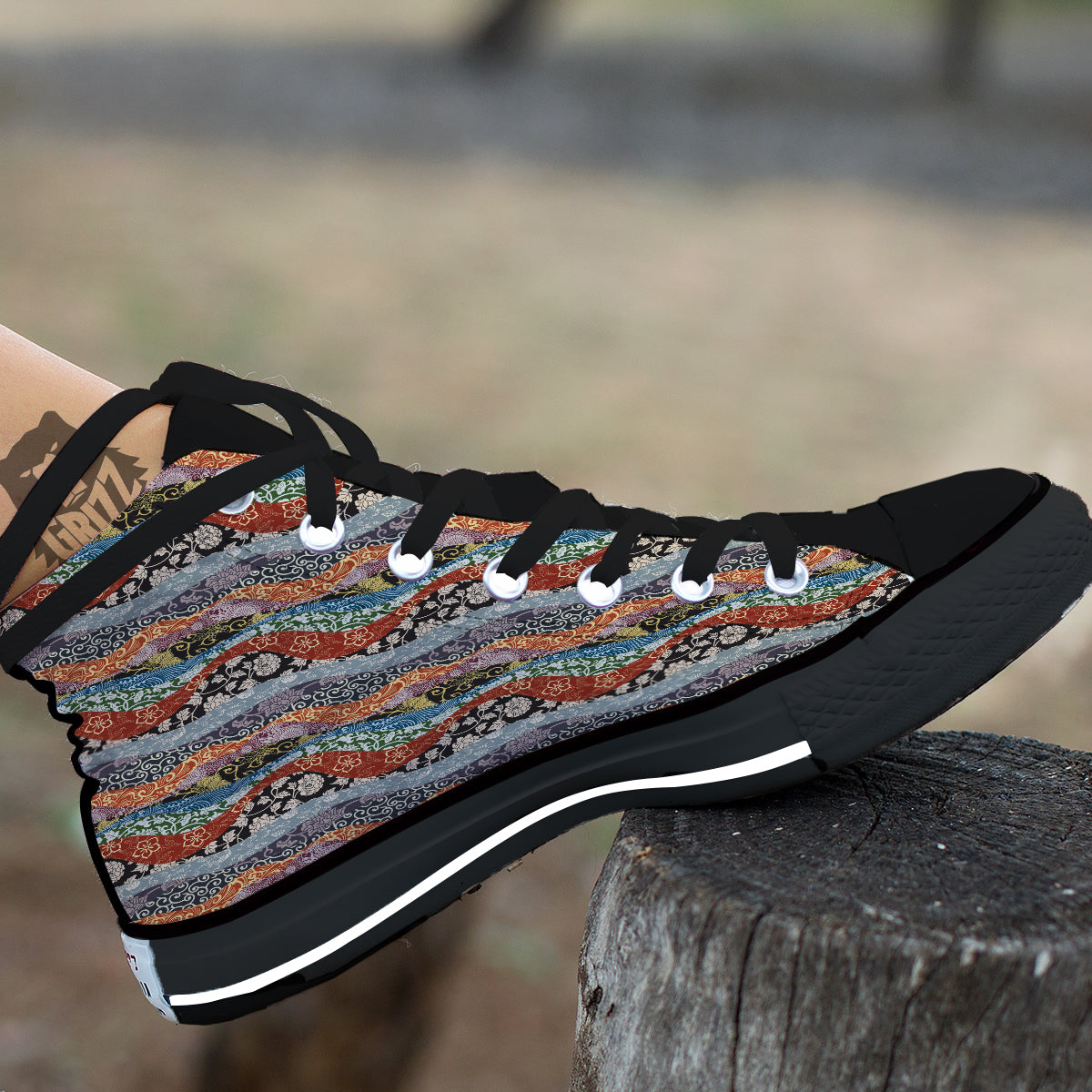 Wave Japanese Patchwork Print Pattern Black High Top Shoes-grizzshop