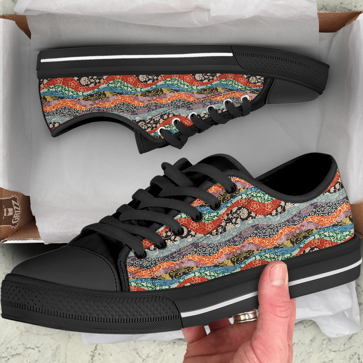 Wave Japanese Patchwork Print Pattern Black Low Top Shoes-grizzshop
