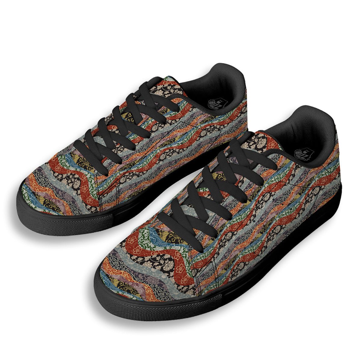 Wave Japanese Patchwork Print Pattern Black Low Top Sneakers-grizzshop