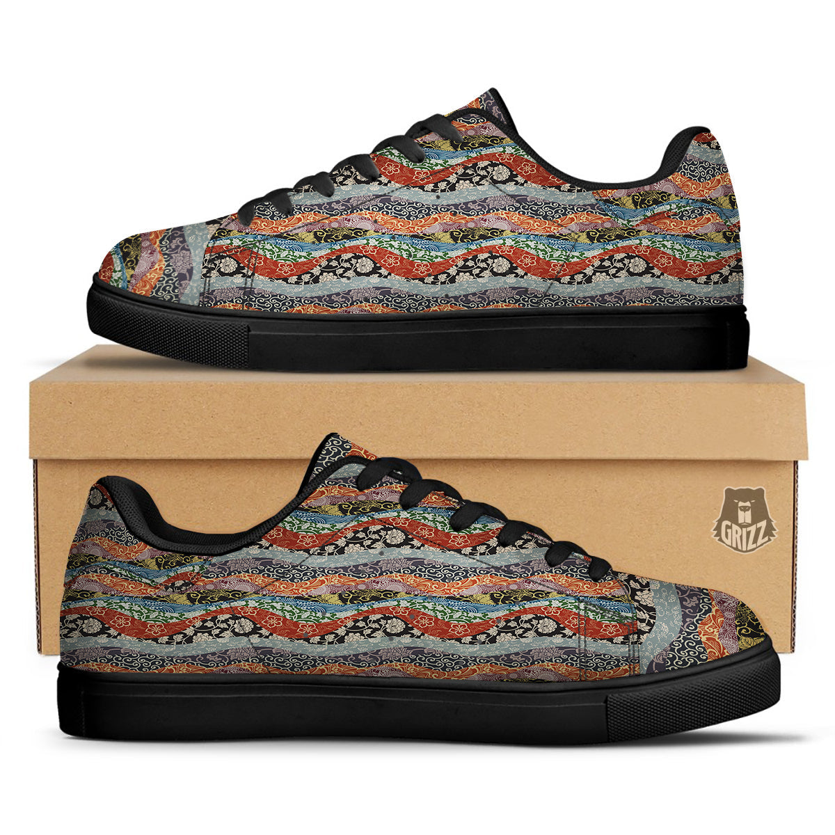 Wave Japanese Patchwork Print Pattern Black Low Top Sneakers-grizzshop